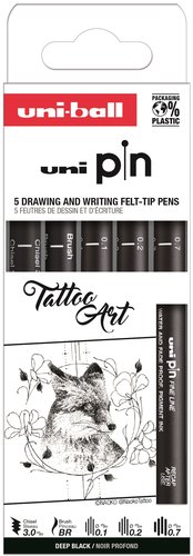 Uniball Set de 5 Rotuladores PIN Tattoo Art Negro (0.1, 0.2, 0.7, Brush y Chisel 3)