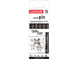 Rotulador Calibrado Uni-Ball Pin Set 5P Tattoo Art Surtido Caja De 5 (0.1, 0.2, 0.7, Brush Negro Y Chisel 3 Negro)