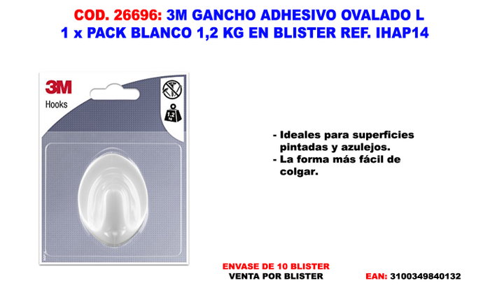 3M FINS Gancho Adhesivo Ovalado Blanco 1,2 kg IHAP14 3M FINS Gancho Adhesivo Ovalado Blanco 1,2 kg IHAP14