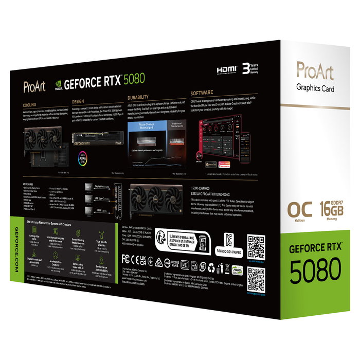ASUS ProArt -RTX5080-O16G Tarjeta Gráfica NVIDIA GeForce RTX 5080 OC 16 GB GDDR7 256-bit PCIe 5.0 con 3 Ventiladores Axial-tech