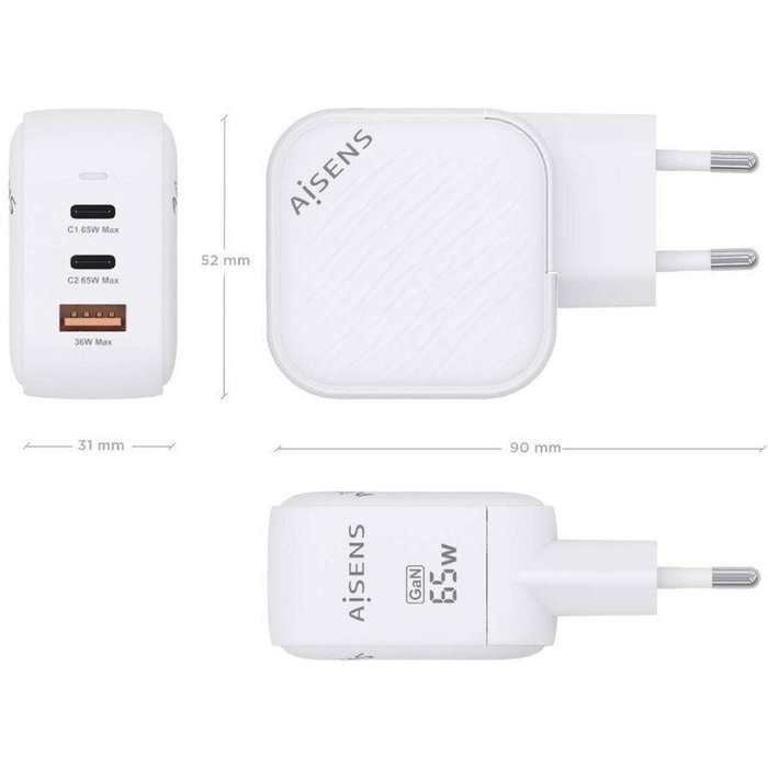 AISENS Cargador GaN 65W con 2x USB-C y 1x USB-A Blanco