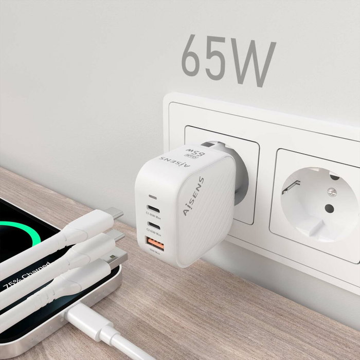AISENS Cargador GaN 65W con 2x USB-C y 1x USB-A Blanco
