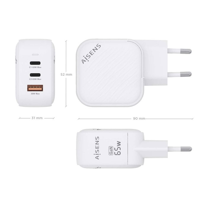 AISENS Cargador GaN 65W con 2x USB-C y 1x USB-A Blanco