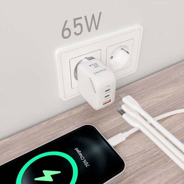 AISENS Cargador GaN 65W con 2x USB-C y 1x USB-A Blanco