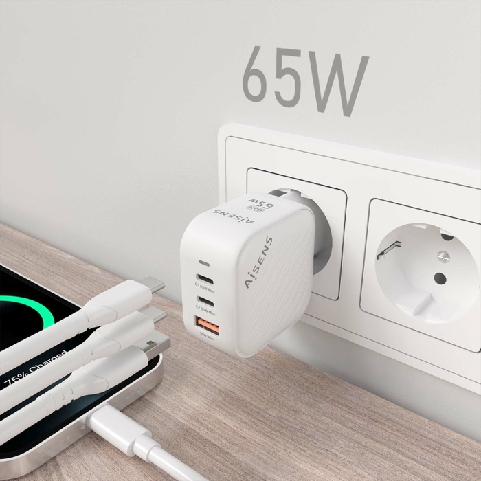 AISENS ASCH-65W3P026-W Cargador GaN 65W Carga Rápida 2xUSB-C PD3.0 QC4.0 1xUSB-A QC3.0 Blanco Universal Interior AISENS ASCH-65W3P026-W Cargador GaN 65W Carga Rápida 2xUSB-C PD3.0 QC4.0 1xUSB-A QC3.0 Blanco Universal Interior