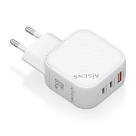 AISENS ASCH-65W3P026-W Cargador GaN 65W Carga Rápida 2xUSB-C PD3.0 QC4.0 1xUSB-A QC3.0 Blanco Universal Interior