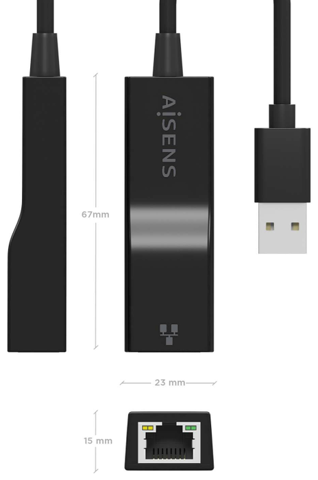 Aisens Conversor USB 3.0 a Ethernet Gigabit 10/100/1000 Mbps Negro 15cm