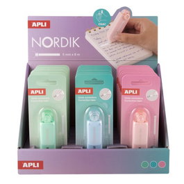 APLI Corrector de Cinta Nordik Retráctil 6 m x 5 mm Expositor de 18 unidades (3 colores)