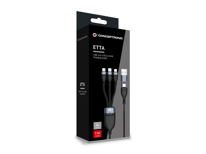 Conceptronic ETTA05B15 Cable de Carga USB 3-en-1 PD 3.0 60W 1,5M
