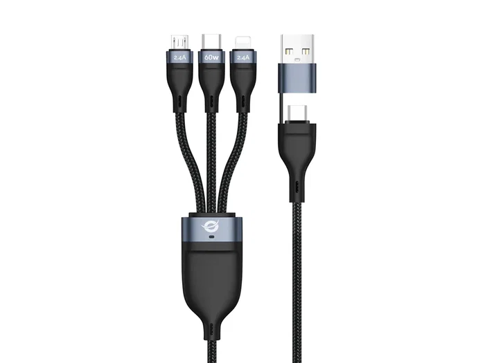 Conceptronic ETTA05B15 - Cable USB-C 3 en 1 (USB-C/Micro-USB/Lightning) 1.5m con Adaptador USB-A, USB 2.0 480 Mbps, Carga Rápida USB PD 3.0 60W (20V/3A), Negro