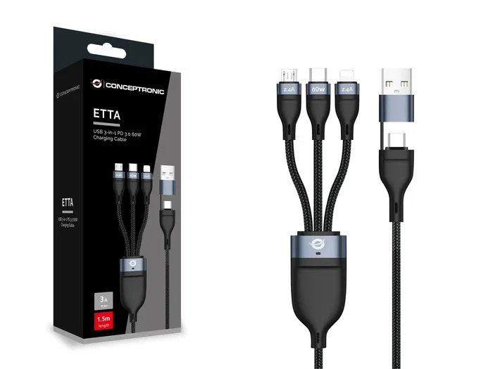 Conceptronic ETTA05B15 - Cable USB-C 3 en 1 (USB-C/Micro-USB/Lightning) 1.5m con Adaptador USB-A, USB 2.0 480 Mbps, Carga Rápida USB PD 3.0 60W (20V/3A), Negro