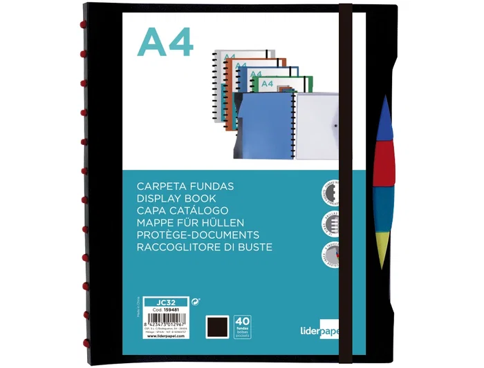 Liderpapel Carpeta A4 con 40 Fundas Intercambiables, 5 Separadores, Sobre, Goma y Portada Personalizable Negra