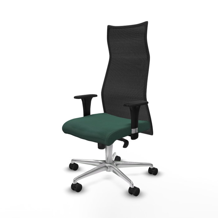 Sillón Albacete con mecanismo Sincro tapizada con Tela color Verde botella y malla color Negro. Equipado con Base aluminio, Brazos 1D y Ruedas 65mm nailon