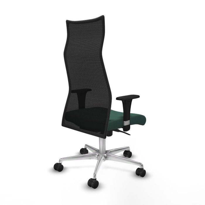 Sillón Albacete con mecanismo Sincro tapizada con Tela color Verde botella y malla color Negro. Equipado con Base aluminio, Brazos 1D y Ruedas 65mm nailon