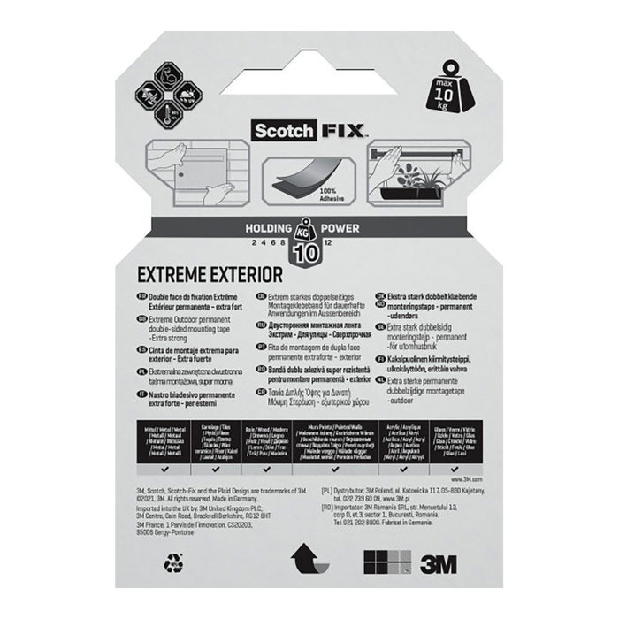 Scotch Cinta Doble Cara Montaje Extreme para Exteriores Máximo 10 kg 19mm x 1,5m Scotch Cinta Doble Cara Montaje Extreme para Exteriores Máximo 10 kg 19mm x 1,5m
