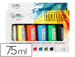 Liderpapel Pintura Acrílica Caja de 6 Tubos de 75 ml Colores Básicos
