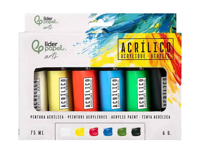Liderpapel Pintura acrílica caja de 6 tubos de 75 ml colores básicos Liderpapel Pintura acrílica caja de 6 tubos de 75 ml colores básicos