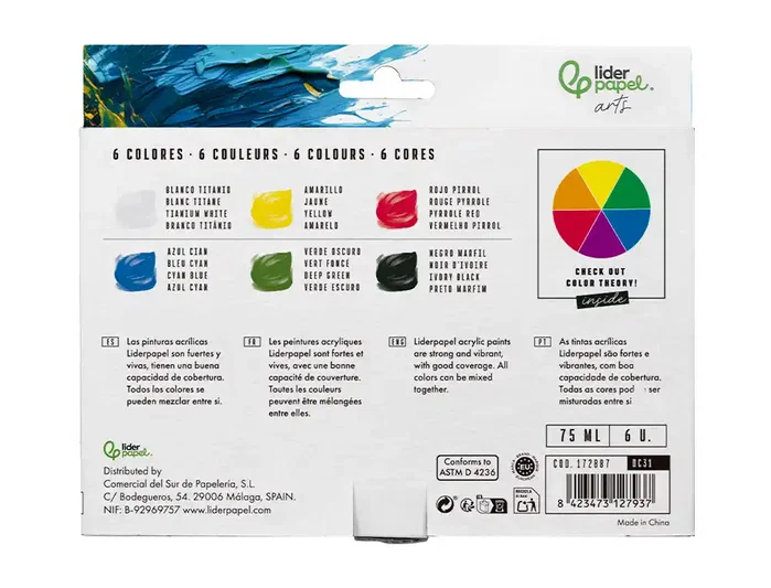 Liderpapel Pintura acrílica caja de 6 tubos de 75 ml colores básicos Liderpapel Pintura acrílica caja de 6 tubos de 75 ml colores básicos