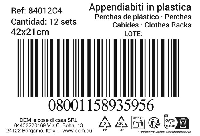 Inde Set 4 Perchas de Plástico 42 cm x 21 cm "Rainbow" (12 Cajas)