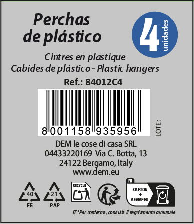 Inde Set 4 Perchas de Plástico 42 cm x 21 cm "Rainbow" (12 Cajas)
