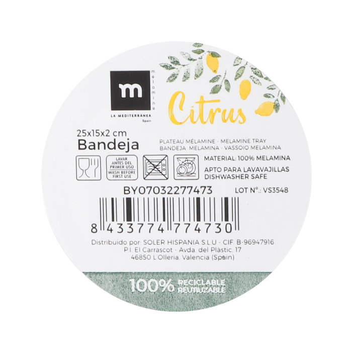 La Mediterranea Bandeja Melamina Mate Citrus (12 Unidades) 25 x 15 x 2 cm