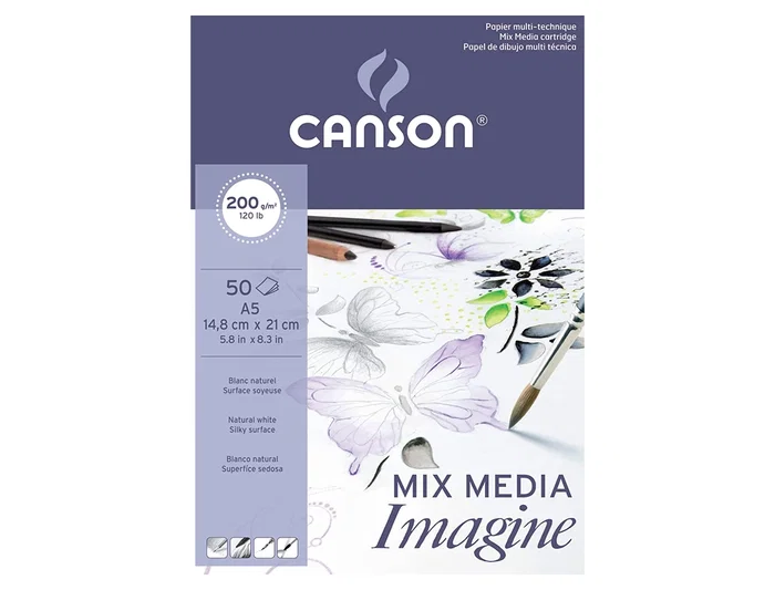 Canson Bloc Dibujo Multitécnicas Imagine DIN A5 Encolado Liso 14,8x21 cm 50 Hojas 200 gr/m2