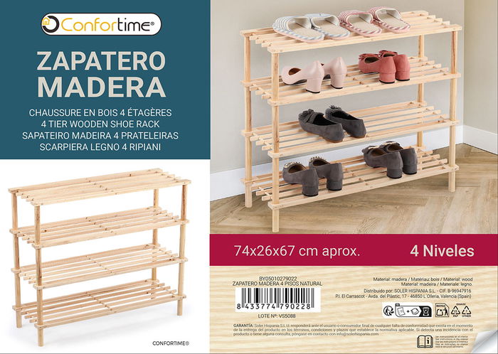 Inde Zapatero Madera 4 Pisos Natural 74,3 cm x 26,7 cm x 5,7 cm (6 Unidades)