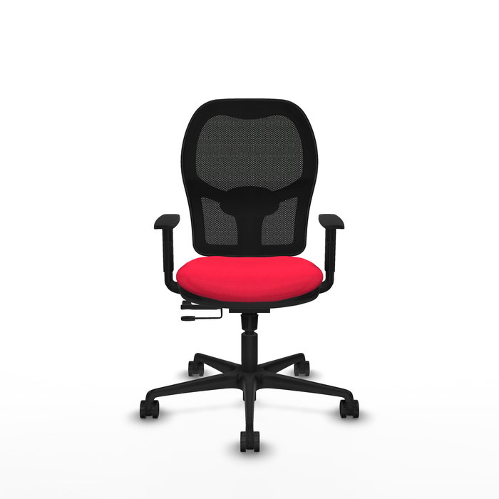 Silla de oficina Jorquera con mecanismo Sincro/Traslack tapizada con Tela color Rojo y malla color Negro. Equipada con lumbar 1D, Brazos 1D y Ruedas 65mm nailon