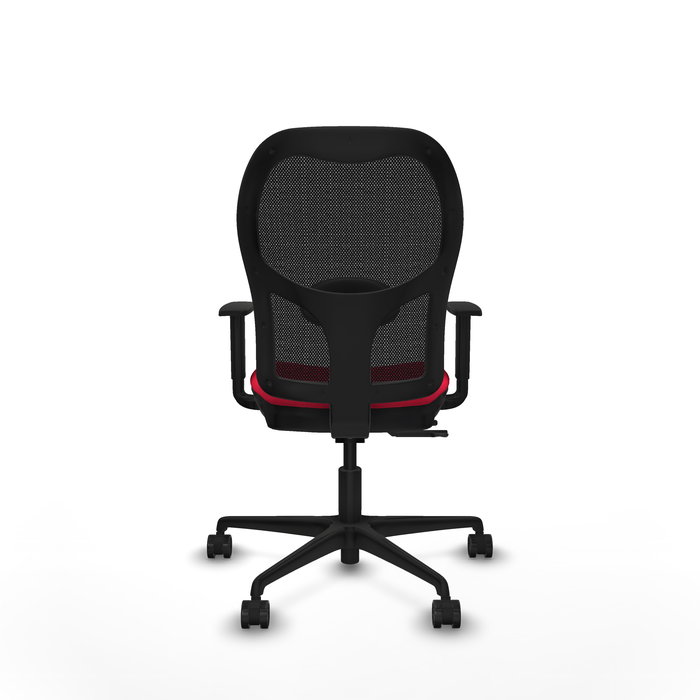 Silla de oficina Jorquera con mecanismo Sincro/Traslack tapizada con Tela color Rojo y malla color Negro. Equipada con lumbar 1D, Brazos 1D y Ruedas 65mm nailon