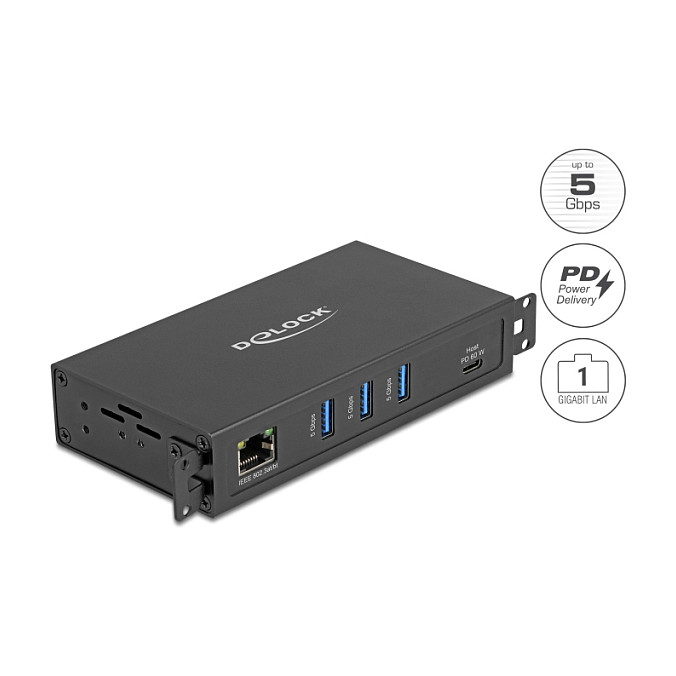 DeLOCK 64336 Hub de Interfaz USB 3.2 Gen 1 con RJ45 Gigabit LAN PoE++ y 3 Puertos USB Type-A
