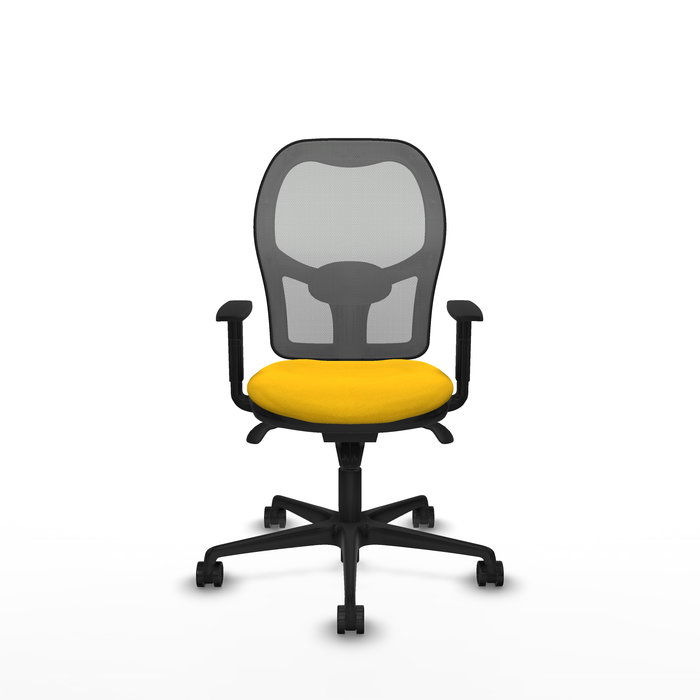 Silla de oficina Jorquera con mecanismo Sincro tapizada con Tela color Amarillo y malla color Gris. Equipada con lumbar 1D, Brazos 1D y Ruedas 65mm nailon Silla de oficina Jorquera con mecanismo Sincro tapizada con Tela color Amarillo y malla color Gris. Equipada con lumbar 1D, Brazos 1D y Ruedas 65mm nailon