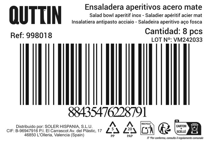 Quttin Ensaladera Aperitivo Acero Inoxidable 24x12 cm 410 gr (8 Unidades)