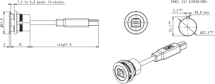 HARTING Conector hembra USB har-port Ø22,3mm IP20