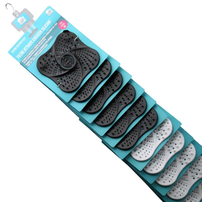 Je cherche une Idee Filtro Atrapapeloss de Silicona para Desagües y Fregaderos, Atrapa Pelos, Reutilizable, 12 Unidades, Colores Surtidos