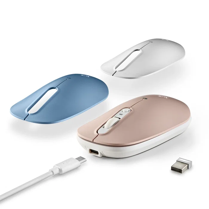 NGS Ratón inalámbrico Multidispositivo Bluetooth 5.1 + RF 2.4 GHz, 1600 DPI, Silencioso, Recargable, con 3 Cáscaras intercambiables (Azul, Blanco, Rosa) - SHELL RB