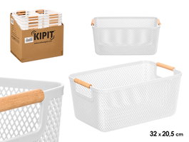 Kipit Cesta de Plástico PP con Asa de Bambú, Color Blanco y Bambú, Dimensiones 32x20.5x14.5 cm (Set de 24)