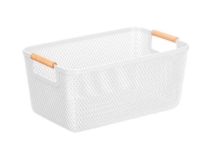 Kipit Cesta de Plástico PP con Asa de Bambú, Color Blanco y Bambú, Dimensiones 32x20.5x14.5 cm (Set de 24)