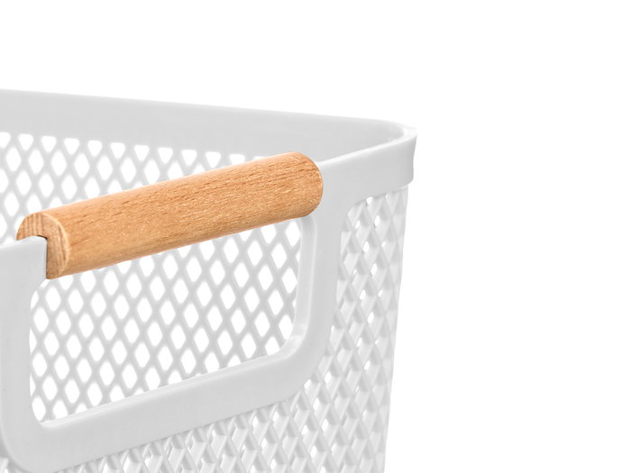 Kipit Cesta de Plástico PP con Asa de Bambú, Color Blanco y Bambú, Dimensiones 32x20.5x14.5 cm (Set de 24)