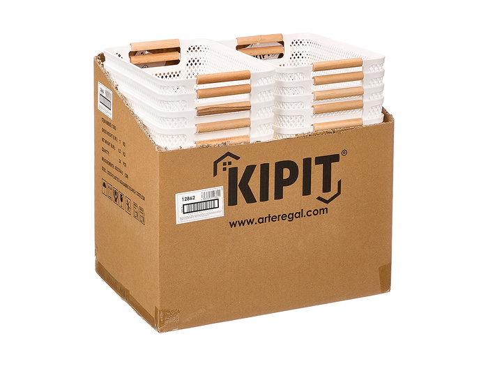 Kipit Cesta de Plástico PP con Asa de Bambú, Color Blanco y Bambú, Dimensiones 32x20.5x14.5 cm (Set de 24)