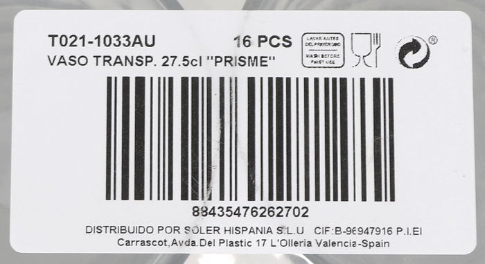 Duralex Vaso Transparente 27.5 Cl Colección Prisme (16 Unidades)