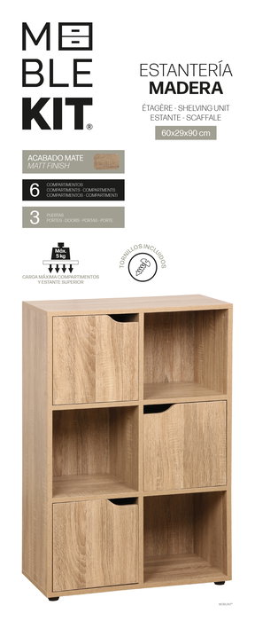 Inde - Estante Cubo de 6 Compartimentos con 3 Puertas Móviles, Medidas 60x29x90 cm