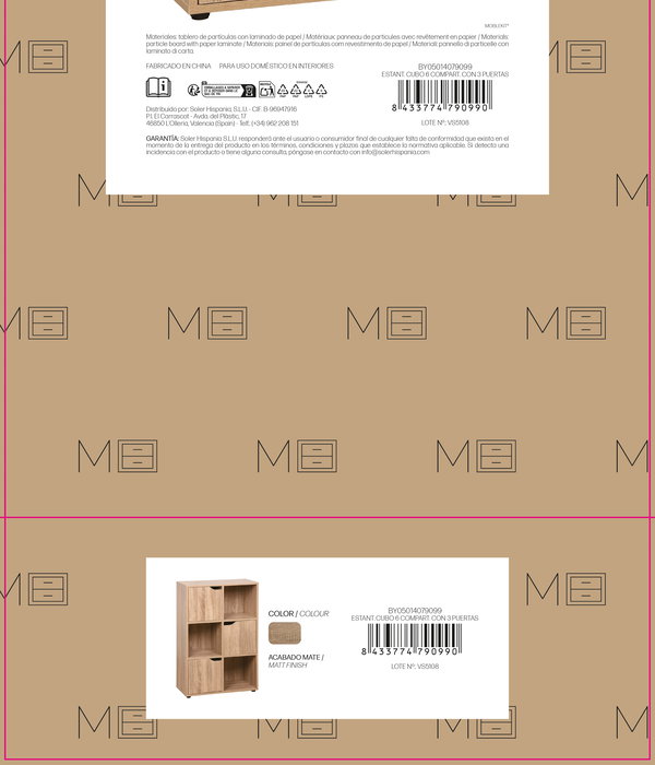 Inde - Estante Cubo de 6 Compartimentos con 3 Puertas Móviles, Medidas 60x29x90 cm