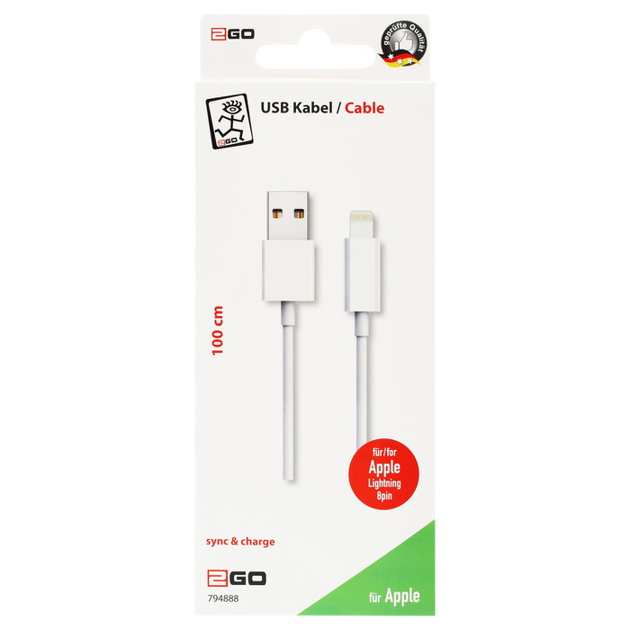 2GO 794888 Cable de Carga y Datos USB Lightning 1m Blanco - Compatible con iPhone, iPad Air