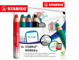 Stabilo Markdry Lápiz Marcador en Seco para Pizarra Blanca Estuche de 4 Unidades Colores Surtidos