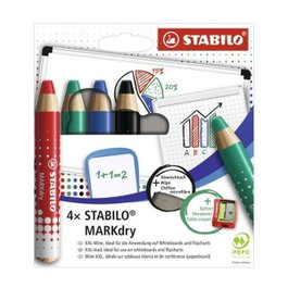 Stabilo MARKdry Marcador en Seco para Pizarra Blanca y Papel, Surtido de 4 Unidades, Estuche con Accesorios