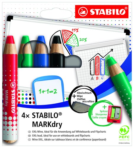Stabilo MARKdry Marcador en Seco para Pizarra Blanca y Papel, Surtido de 4 Unidades, Estuche con Accesorios Stabilo MARKdry Marcador en Seco para Pizarra Blanca y Papel, Surtido de 4 Unidades, Estuche con Accesorios