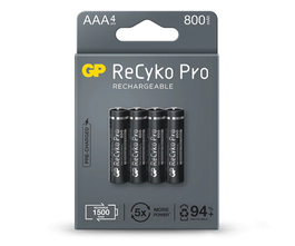 GP Batteries Recargables Recyko Pro AAA 1.2V 800mAh - Pack de 4 Pilas Pre-cargadas - Vida Útil hasta 1500 Ciclos