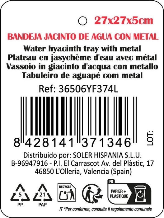 Inde Bandeja Jacinto De Agua Cuadrada 27x27x5cm con Metal Inde Bandeja Jacinto De Agua Cuadrada 27x27x5cm con Metal