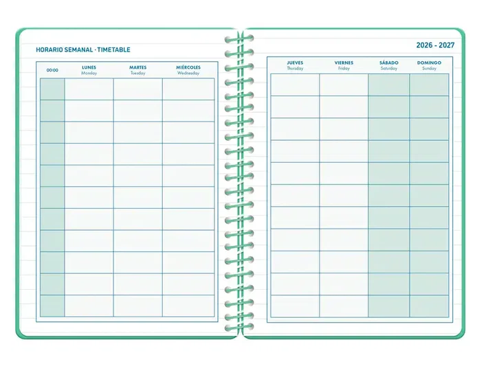 Liderpapel Agenda Escolar 26-27 Classic, Verde, Día Página A5, Espiral, Interior Bilingüe, Papel FSC 70g