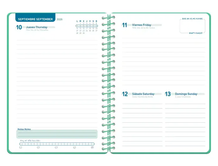 Liderpapel Agenda Escolar 26-27 Classic, Verde, Día Página A5, Espiral, Interior Bilingüe, Papel FSC 70g